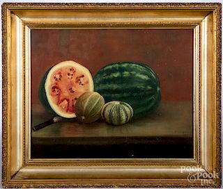 Oil on canvas still life with watermelon