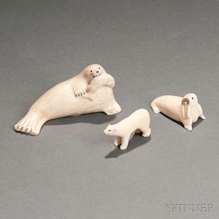 Three Eskimo Carved Walrus Tusk Animals