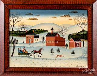 Two oil on board folk art winter landscapes