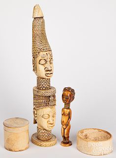 Two African carved ivory figures, etc.