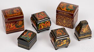 Six small Russian lacquer boxes