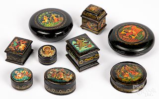 Eleven small Russian lacquer boxes
