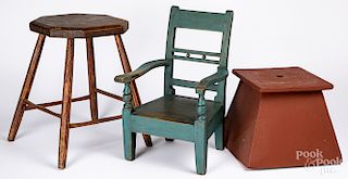 Painted stand, together with a stool and a chair