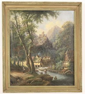 19th C. French Mountainside Landscape w/ Figures