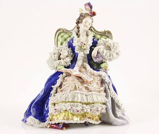 Large Volkstedt Porcelain, Woman in Chair w/ Lace
