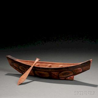 Northwest Coast Carved Wood Canoe Model with Paddle