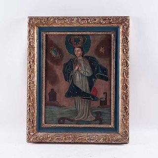 Virgen Inmaculada. México, principios del Siglo XX. Óleo sobre tela. Enmarcado. 41 x 30 cm