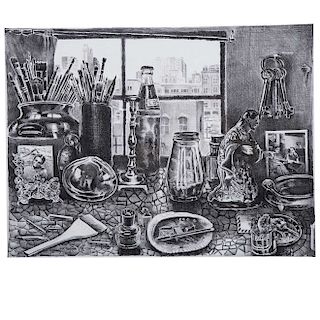 Elena Climent. Mesa de mozaicos con objetos. Litografía, 149/150. Firmada y fechada 97. Enmarcada. 46 x 61 cm