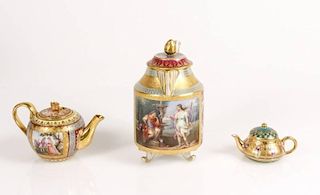 3 Small Lidded Teapots Royal Vienna, Dresden