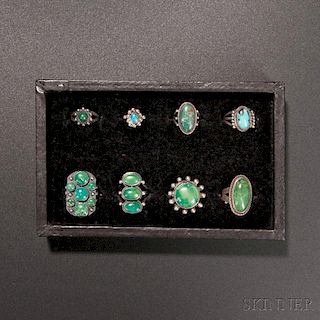 Eight Navajo Silver and Turquoise Rings