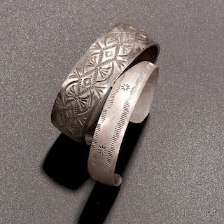 Two Navajo Stamp-decorated Silver Bracelets