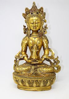 Large Antique Tibetan Seated Buddha Figure, Signed