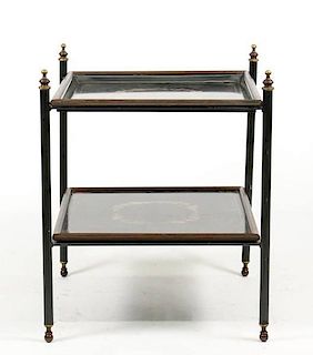 Two-Tiered Black Lacquer & Painted Tole Table