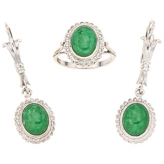 A nephite jade 14K white gold ring and pair of earrings set.