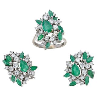 An emerald and diamond palladium silver ring and pair of earrings set.