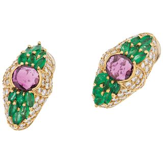 A ruby, emerald and diamond 18K yellow gold pair of earrings.