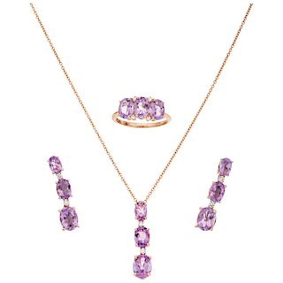 SALVINI amethyst and diamond 18K rose gold necklace, ring and pair of earrings set.