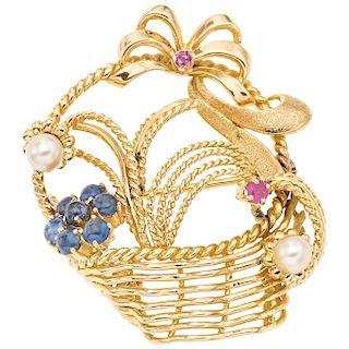 A sapphire, ruby and cultured pearl 18K yellow gold brooch.