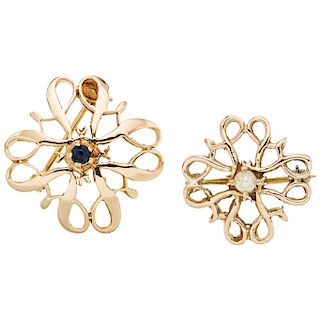 Two sapphire and cultured pearl 14K yellow gold brooches.