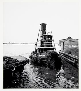 Five black and white tugboat photographs