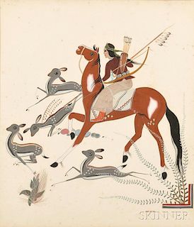 Framed Painting of a Navajo Hunter on Horseback