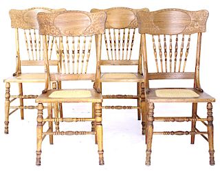 Four Floral Carved Oak Windsor Cane Webbing Chairs