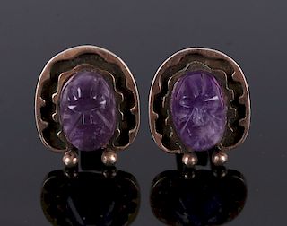 Taxco Sterling, Gold & Carved Amethyst Cuff Links