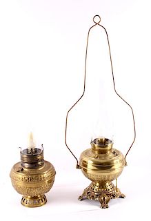 Early Ornate Brass Lamp Pair Large 19th-20th