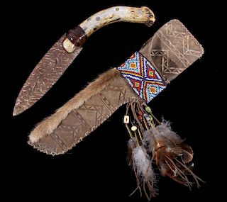 Navajo Stone & Antler Knife With Beaded sheath