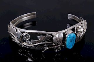 Native American Silver Floral Turquoise Bracelet