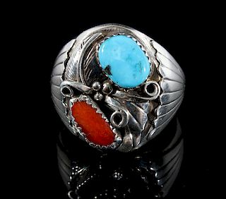 Signed Navajo Silver Turquoise & Coral Ring