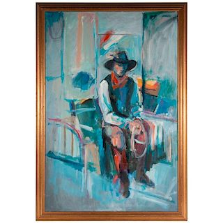 A late 20th century oil on canvas portrait of a cowboy.