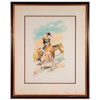 A watercolor of a horse and cowboy signed Barioli.