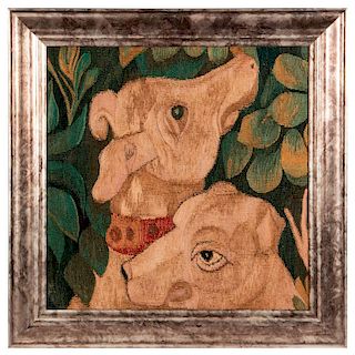 An 18th/19th century tapestry fragment of dogs.