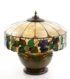 Arts & Crafts Pottery Lamp w/Leaded Glass Shade
