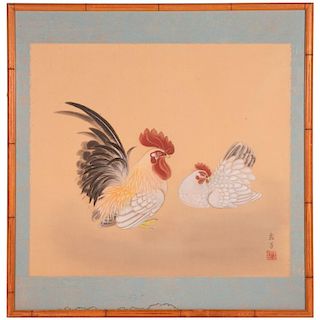 A 19th century Chinese watercolor of a rooster and hen signed lower right.