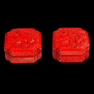 A pair of Chinese carved Cinnabar boxes.