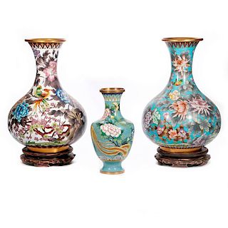 Three Chinese cloisonne vases.