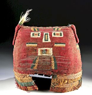 Inca Textile and Wood Helmet / Hat w/ Figure