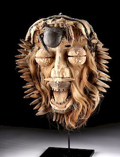 20th C. African Dan-Wobe Wood, Brass, & Hair Face Mask