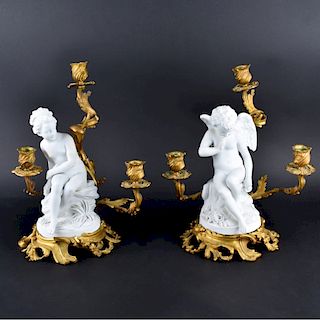 Pair 19th C Sevres Bisque and Bronze Candelabra
