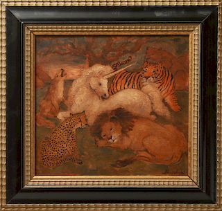 Burdick "Unicorn Tiger Lion Cheetah Wolf Bear" Oil