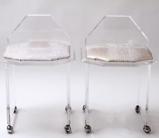 Illegibly Signed Modern Lucite Side Chairs, Pr