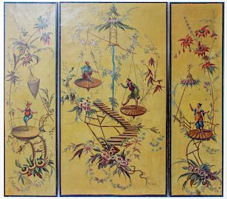 French Art Deco Orientalist 3 Panels Oil on Canvas