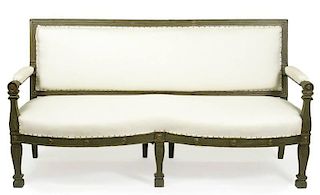French Carved, Green Painted & Parcel Gilt Sofa