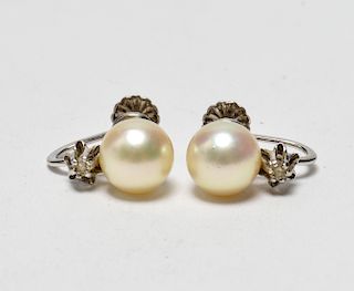 14K White Gold, Diamonds & Pearls Earrings Pr