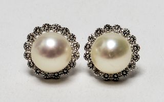 Silver w Diamond Accents & Pearls Earrings Pr