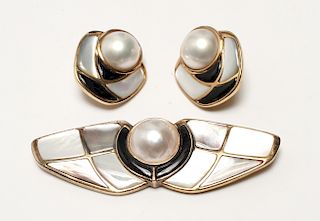 Kai-Yin Lo Silver Gilt Pearl Brooch & Earrings Set