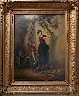 Illegibly Signed "Woman Picking Grapes" Oil