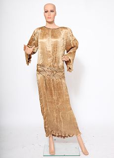 Patricia Lester Gold Pleated Silk Evening Dress